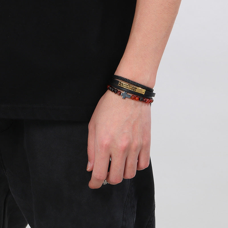 Vintage Lederarmband für Herren mit Titanstahl-Kreuz & Achatperlen – Mehrlagig geflochten