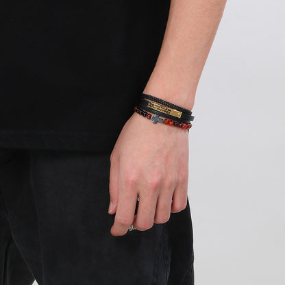 Vintage Lederarmband für Herren mit Titanstahl-Kreuz & Achatperlen – Mehrlagig geflochten