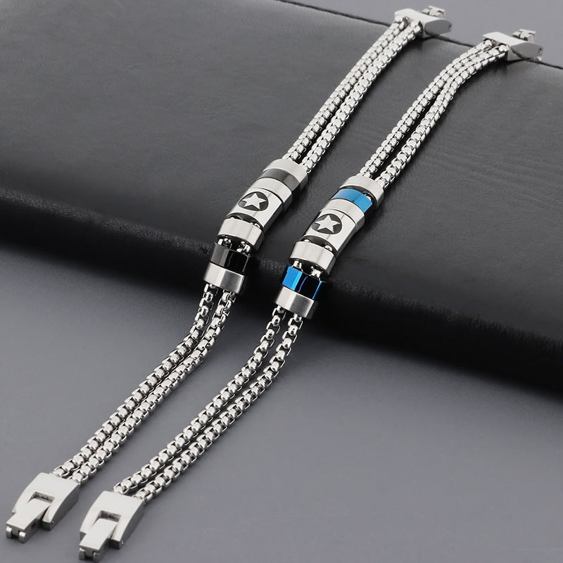 Edelstahl-Armband für Männer mit maritimen Motiven - Anker, Steuerrad, Lebensbaum und Sterne in 2-lagigem Design
