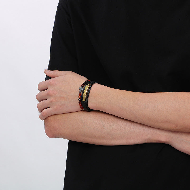 Vintage Lederarmband für Herren mit Titanstahl-Kreuz & Achatperlen – Mehrlagig geflochten