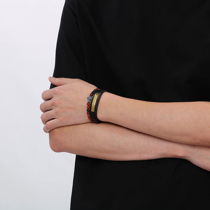 Vintage Lederarmband für Herren mit Titanstahl-Kreuz & Achatperlen – Mehrlagig geflochten