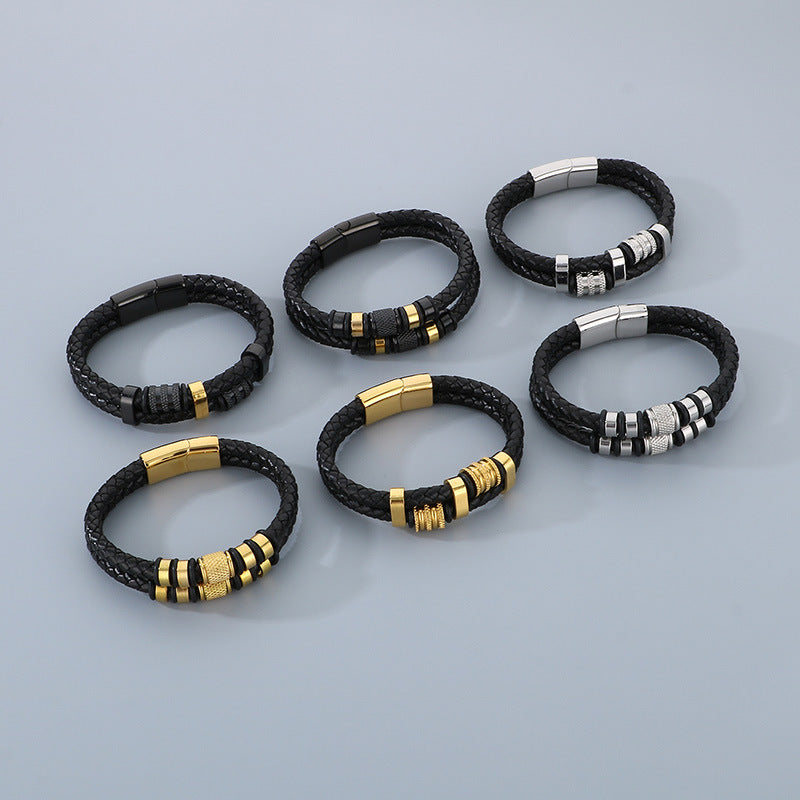 Mehrlagiges Ledergeflecht-Armband aus Edelstahl – Retro-Punk-Design mit Magnetverschluss
