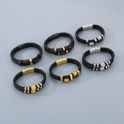 Mehrlagiges Ledergeflecht-Armband aus Edelstahl – Retro-Punk-Design mit Magnetverschluss
