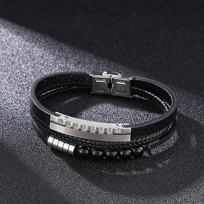 Mehrlagiges geflochtenes Lederarmband mit Edelstahl & geometrischen Perlen – Handgefertigter Unikatschmuck
