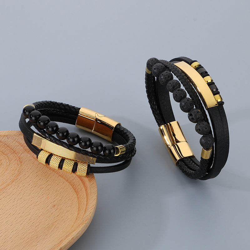 Vintage Lederarmband für Herren mit Vulkanstein & Magnetplatte – Mehrlagige Mikrofaser-Flechtung