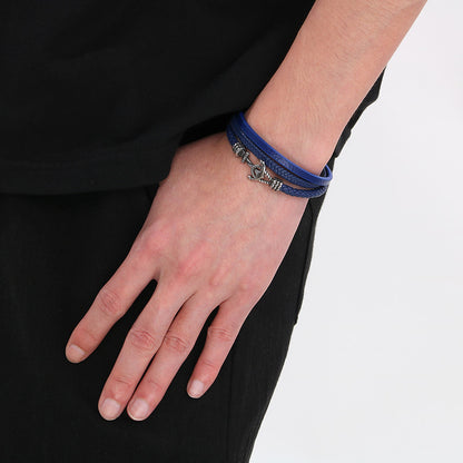 Maritimes Lederarmband mit Anker-Charm aus Edelstahl – Mehrlagig handgeflochten