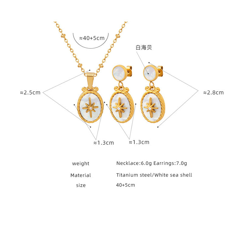 Weißes Muschel-Stern-Anhänger Set mit Zirkonia | Edelstahl Schmuck in 18K Gold oder Hochglanz-Silber - Inklusive Ohrstecker