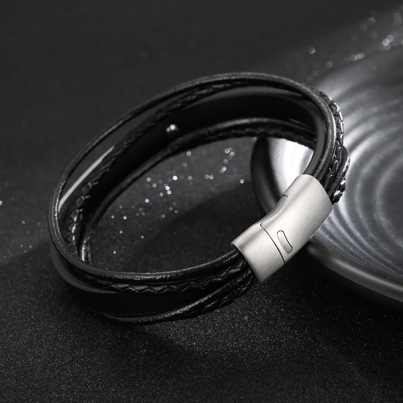 Mehrlagiges Lederarmband mit Edelstahl & Magnetplatte – Handgeflochtener Unikatschmuck