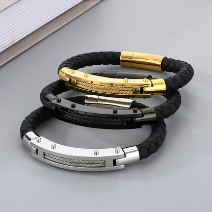 Modisches Herren-Armband aus Edelstahl & geflochtenem Leder - Mit Fiber- oder Stahldraht-Einlagen