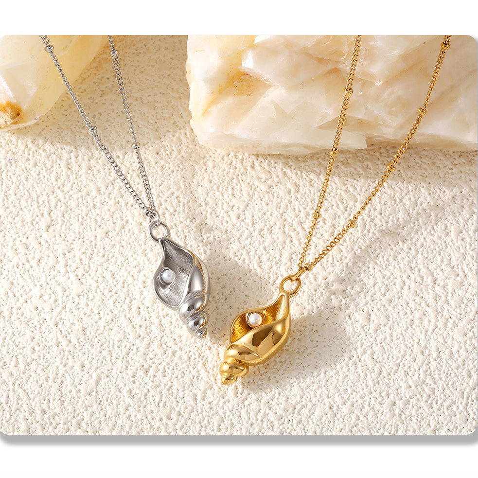 Schneckenhaus-Anhängerkette mit Kunstperle | Stapelbares Edelstahl-Set - 18k Gold oder Hochglanz-Silberoptik