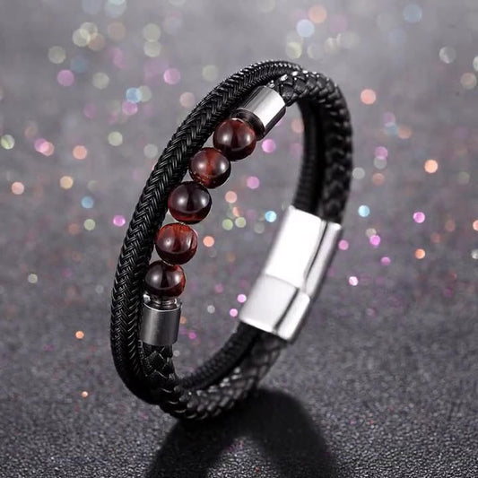 Minimalistisches Leder-Armband mit rotem Tigerauge & Titan – mehrreihig