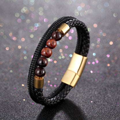 Minimalistisches Leder-Armband mit rotem Tigerauge & Titan – mehrreihig