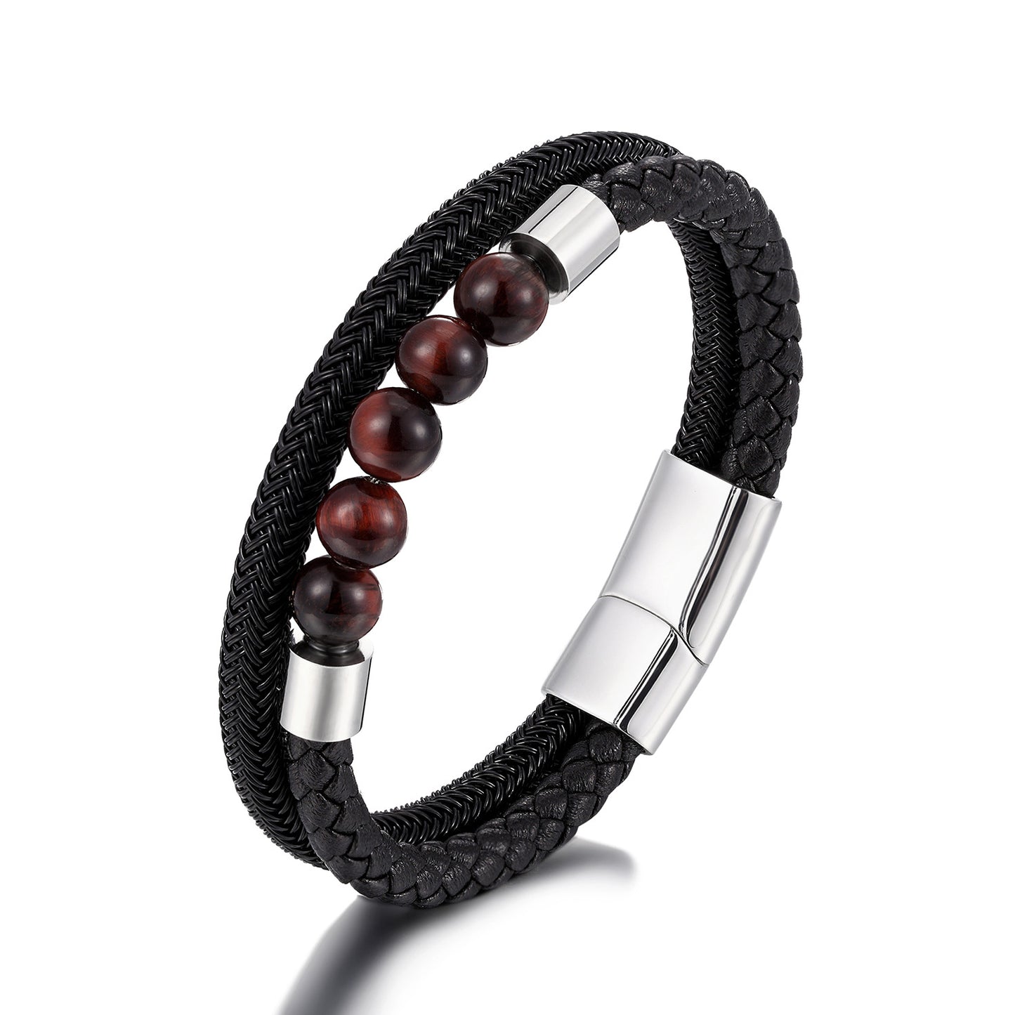 Minimalistisches Leder-Armband mit rotem Tigerauge & Titan – mehrreihig