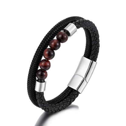 Minimalistisches Leder-Armband mit rotem Tigerauge & Titan – mehrreihig
