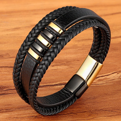 Mehrreihiges Lederarmband mit Edelstahl - Handgefertigter Herrenschmuck - Rustikales Unisex-Design