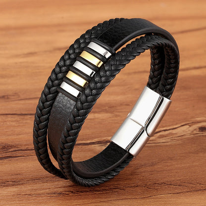 Mehrreihiges Lederarmband mit Edelstahl - Handgefertigter Herrenschmuck - Rustikales Unisex-Design
