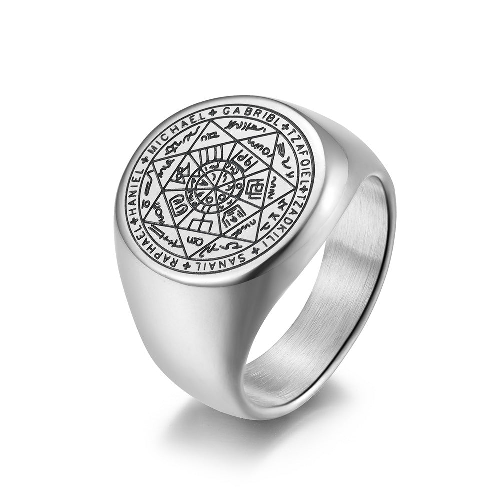 Mystischer Siebenstern-Ring - Titanstahl Herrenring mit esoterischem Design