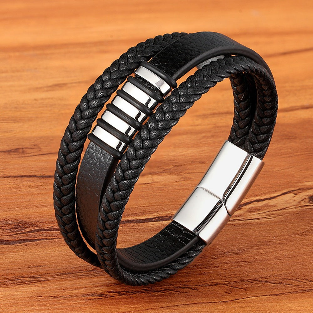 Mehrreihiges Lederarmband mit Edelstahl - Handgefertigter Herrenschmuck - Rustikales Unisex-Design