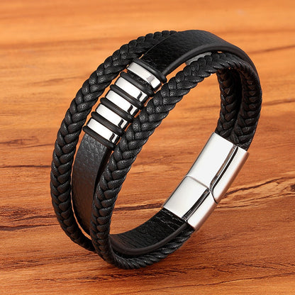 Mehrreihiges Lederarmband mit Edelstahl - Handgefertigter Herrenschmuck - Rustikales Unisex-Design