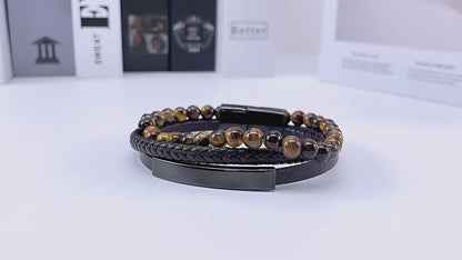 Geflochtenes Lederarmband mit Tigerauge für Männer – Mehrlagiges Design