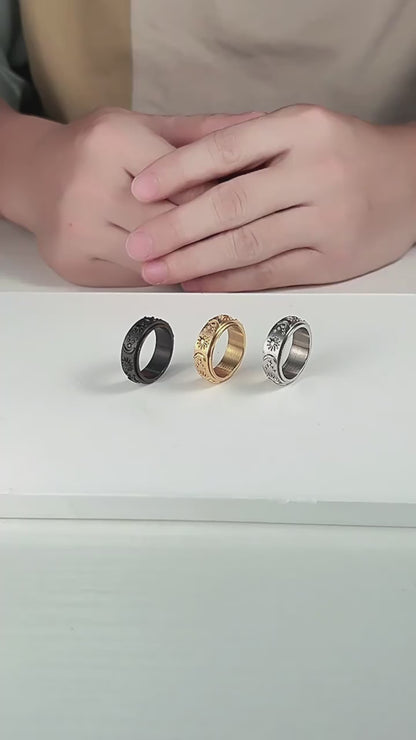 Stern-Mond-Sonne Titanring | Drehbarer Anti-Stress-Ring - 316L Edelstahl mit Himmelsmotiv